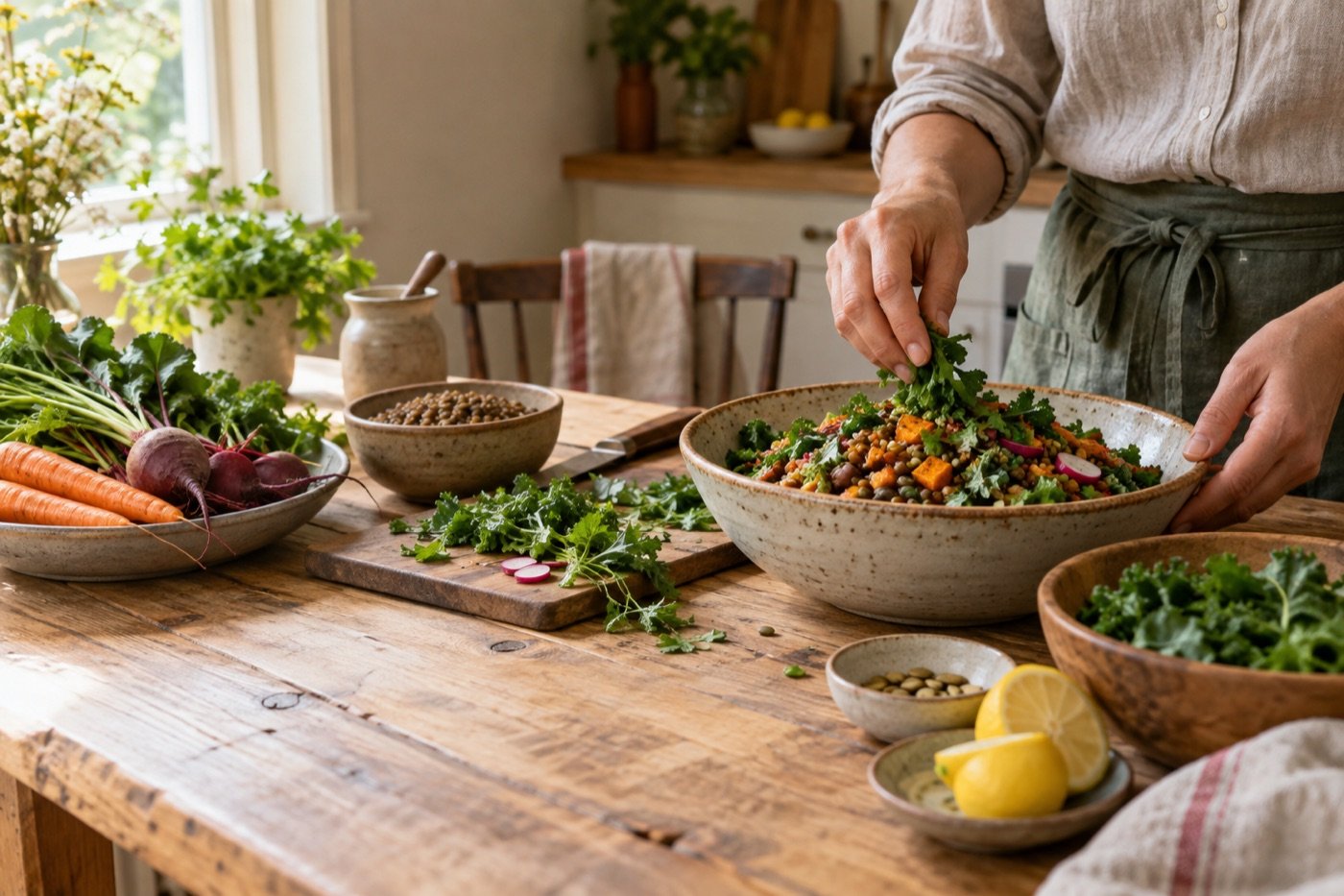 Hands preparing a plant-based meal, illustrative image