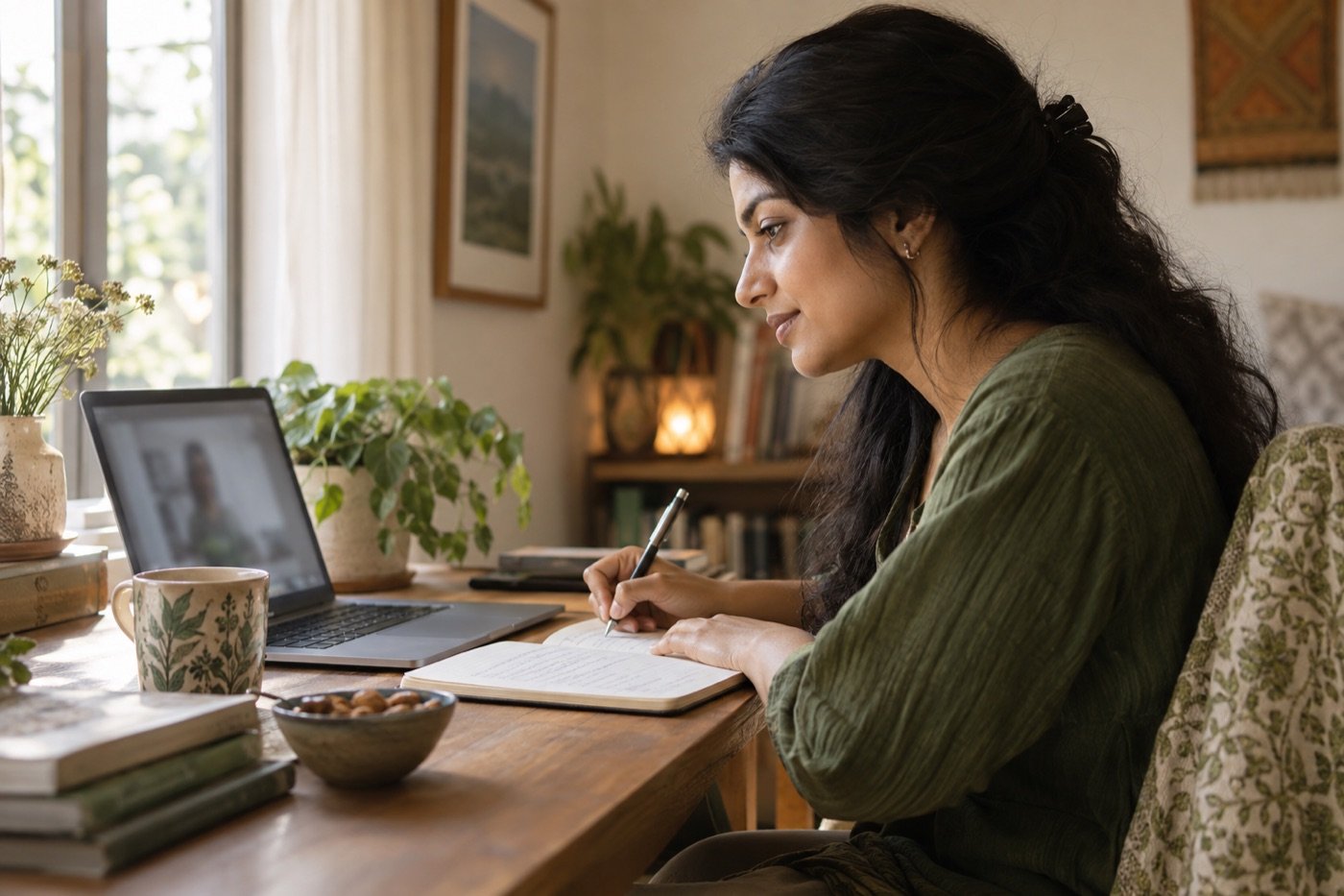 Woman taking notes during an online conversation, illustrative image